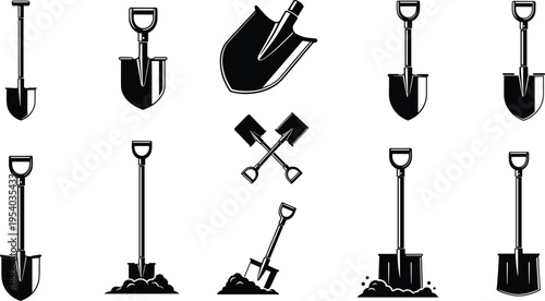 Collection of shovel silhouettes and digging tools, spade variations for gardening, construction and agriculture equipment icon set
