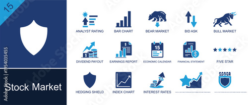 Stock market icon set. Containing bar chart, bear market, bull market, bid ask, dividend, earnings report, five star, index chart, interest rates and more. Solid fill vector icons.