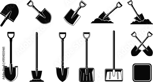 Collection of shovel silhouettes and digging tools, spade variations for gardening, construction and agriculture equipment icon set