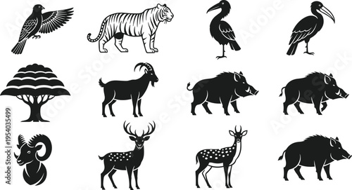 Collection of wildlife silhouettes including tiger deer boar birds goat ram and tree vector set isolated on white background