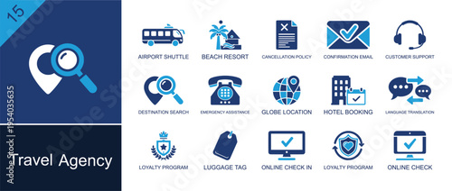 Travel agency icon set. Containing airport shuttle, beach resort, booking, destination search, globe location, luggage tag, check in, support, translation and more. Solid fill vector icons.
