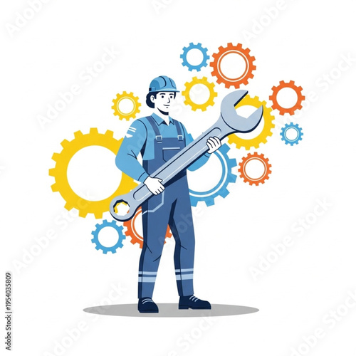 Mechanic Holding Large Adjustable Wrench with Gears.