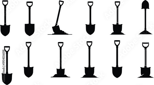 Set of shovel silhouettes showing digging tools, spade variations for gardening, construction and agriculture equipment isolated icon collection