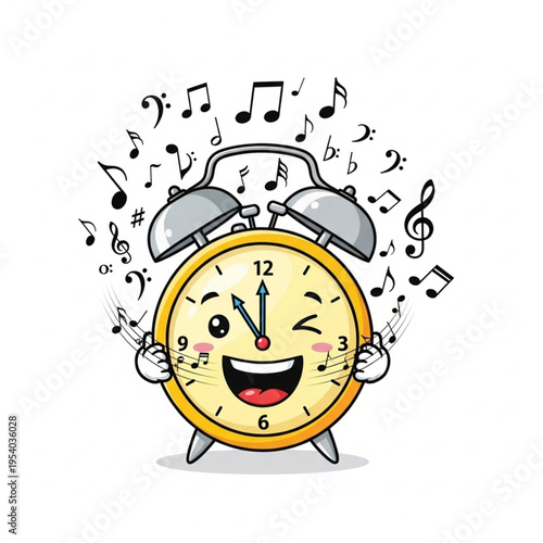 Happy Cartoon Alarm Clock with Music Notes.