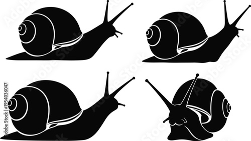 Set of snail silhouettes in crawling poses, garden mollusk vector illustration collection isolated on white background for nature design
