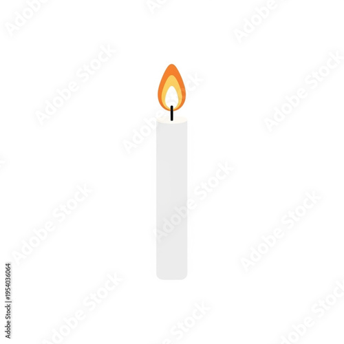 Lit White Candle with Flame Burning.