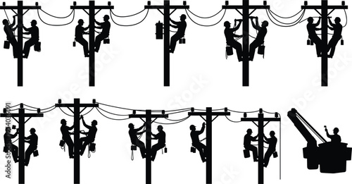 Electric linemen working on utility poles silhouettes, power line maintenance workers, electricity infrastructure repair concept, industrial service team isolated on white background illustration