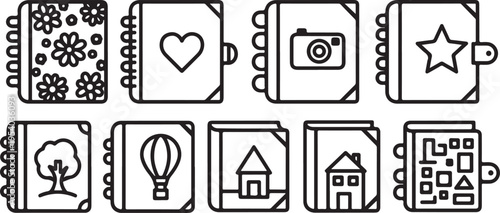 Collection of various notebooks with unique designs and decorations on their covers Vector