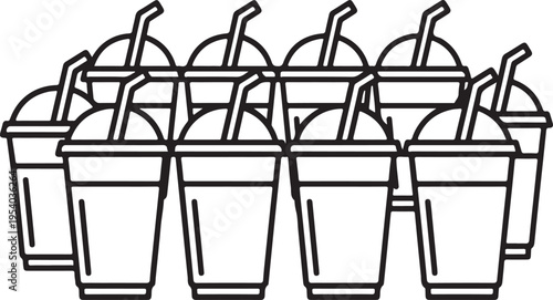 A row of iced beverages with straws in clear plastic cups on a table. Vector