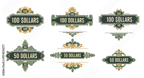 Vintage style currency labels displaying one hundred and fifty us dollars