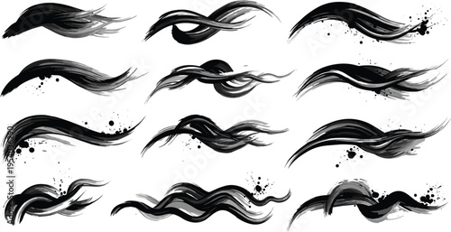 Abstract black ink brush wave strokes set with layered flowing swashes dynamic paint splatter vector design elements