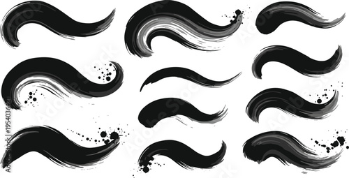 Quadro su tela Black ink brush stroke wave collection with abstract flowing paint swashes grung