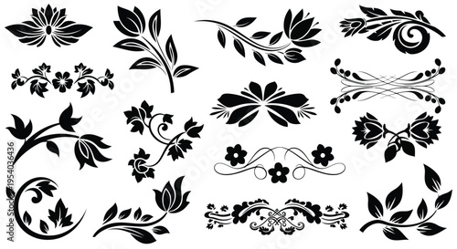 A diverse collection of intricate floral and leaf patterns in black and white