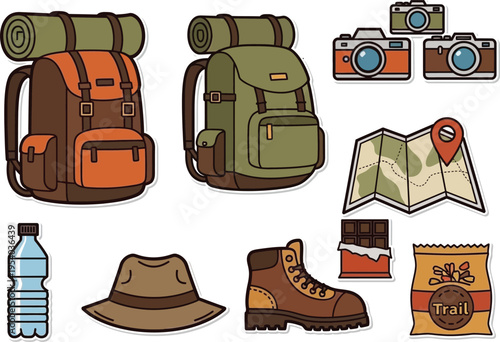 a colorful arrangement of hiking gear including backpacks a map boots snacks and a camera is beautifully illustrated high quality professional