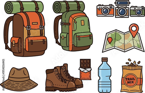 a vibrant collection of hiking and camping equipment including backpacks boots a map and snacks displayed in a cartoon style