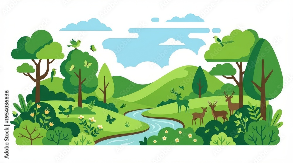 Naklejka premium Serene natural landscape with animals.