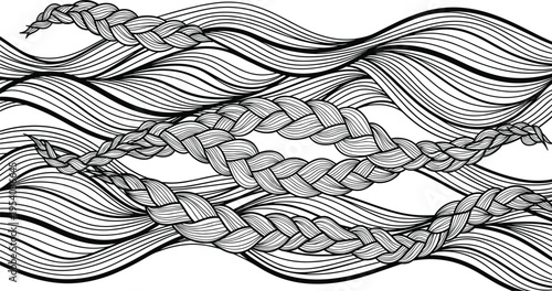 Braided hair strands with flowing wave lines intricate line art pattern abstract decorative vector illustration