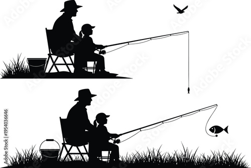 Father and son fishing silhouettes by lakeside, family bonding activity concept, outdoor recreation scene, childhood learning moment, black isolated illustration on white background