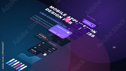 Isometric 3D illustration of a mobile app user interface design