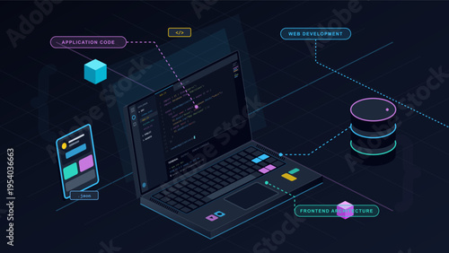 Isometric illustration of a laptop displaying application code on its
