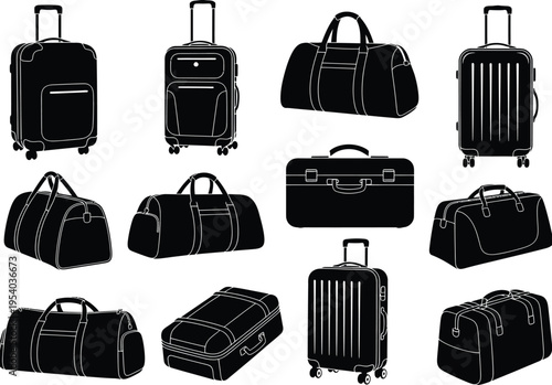 a collection of various black and white luggage silhouettes including suitcases duffel bags and travel carriers arranged on a plain background