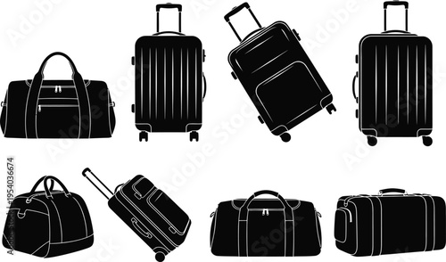 a collection of monochrome silhouettes depicting various types of luggage including suitcases duffel bags and travel carriers presented on a white background