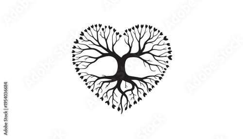 Heart shaped tree silhouette with roots and branches illustration
