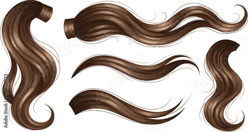 Brown hair extensions and flowing strands set with glossy wavy locks realistic texture vector illustration for beauty design