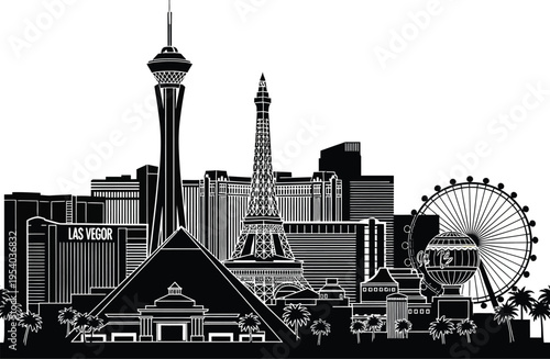 A striking black and white silhouette showcases the iconic las vegas skyline featuring the stratosphere tower eiffel tower and high roller