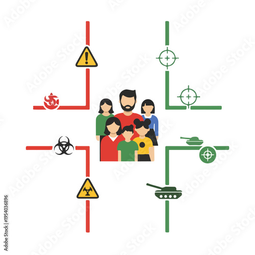 A diverse family stands together amidst a symbolic backdrop of war and conflict zones with warning signs and military targets around them