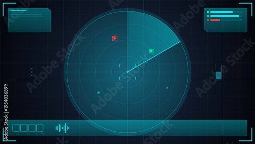 A futuristic radar interface display featuring a circular scanning