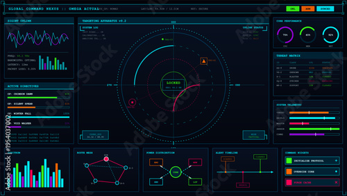 A dark tactical HUD interface featuring a central targeting