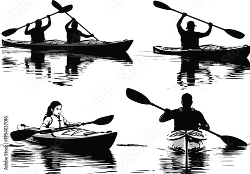 A striking monochrome illustration depicts several kayakers gracefully navigating calm waters showcasing the serenity and athleticism of the sport high quality