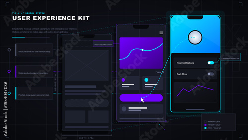 A digital illustration of a user experience kit featuring three