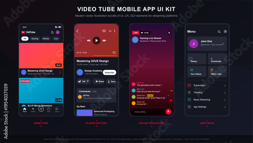 A modern mobile app UI kit for a video streaming platform featuring