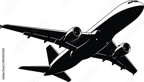 A sleek black silhouette of a passenger airplane in flight showcasing its wingspan and engine details against a white background
