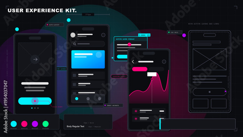 A digital illustration of a user experience kit featuring smartphone