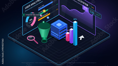 Isometric 3D illustration of a website traffic tracking system and