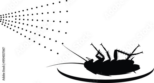 Cockroach silhouette spraying insecticide, pest control concept, dead insect with spray effect, hygiene and extermination illustration isolated on white background