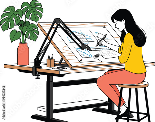 Female architect or interior designer working on floor plan blueprint at professional drafting table with monstera plant vector,.eps