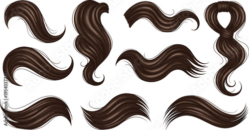 Brown flowing hair strands collection with wavy curved locks glossy realistic texture vector elements for beauty design