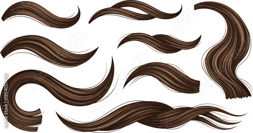Brown hair strand collection vector with realistic flowing wavy shapes glossy texture design elements for beauty and fashion illustration