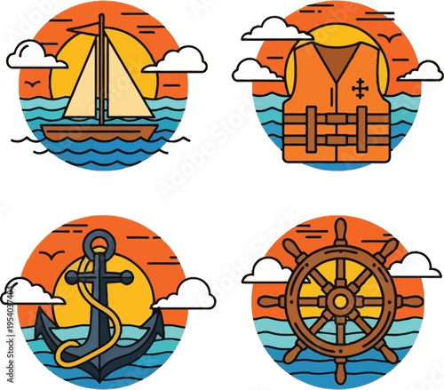 A vibrant collection showcasing nautical elements a sailboat life vest anchor and ship s wheel against sunset backgrounds high quality professional