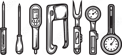 Assorted tools and measuring devices displayed in a row Vector