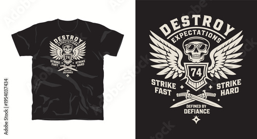Destroy expectations skull with wings typography for t-shirt graphic design