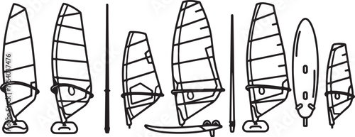 Various types of windsurfing sails and boards illustrated in black and white Vector