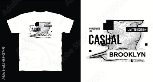 Casual brooklyn worldwide division typography design for t-shirt mockup with abstract liquid topographic map lines