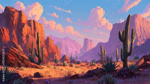 Sunrise paints desert cacti and rocks with orange and pink.  Sandy canyons, like cartoon western backdrops, glow.