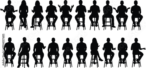 People sitting on stools silhouettes set, discussion panel or interview concept, human gestures and communication poses collection, black isolated figures on white background illustration
