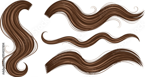 Brown hair wave strands vector illustration with flowing curved shapes realistic texture design elements for beauty and fashion graphics